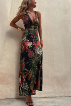 Tropical Print Cross Back Cut Out Backless Halter Maxi Dress