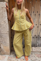 City Outfit Striped Peplum Hem Top and Elastic Waist Pocket Wide Leg Pants Set