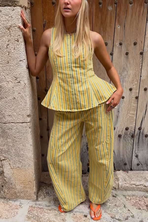 City Outfit Striped Peplum Hem Top and Elastic Waist Pocket Wide Leg Pants Set