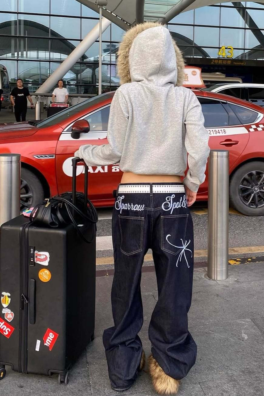 Y2K Flag Print Fur Paneled Casual Hoodie