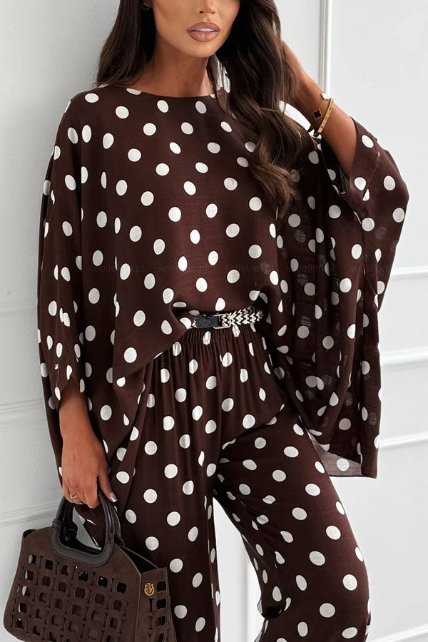 Verne Linen Blend Polka Dot Batwing Sleeve Top and Elastic Waist Pocket Loose Pants Set