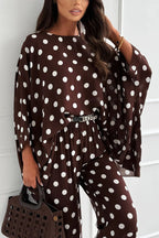 Verne Linen Blend Polka Dot Batwing Sleeve Top and Elastic Waist Pocket Loose Pants Set