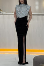 Sequin Draped Shoulder Ruched Velvet High Slit Maxi Gown