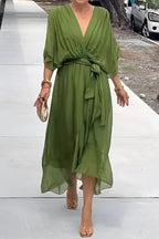 Deep V-Neck Flutter Sleeve Tie Waist Handkerchief Hem Midi Dress