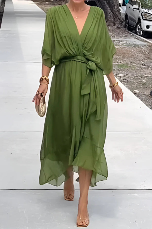 Deep V-Neck Flutter Sleeve Tie Waist Handkerchief Hem Midi Dress