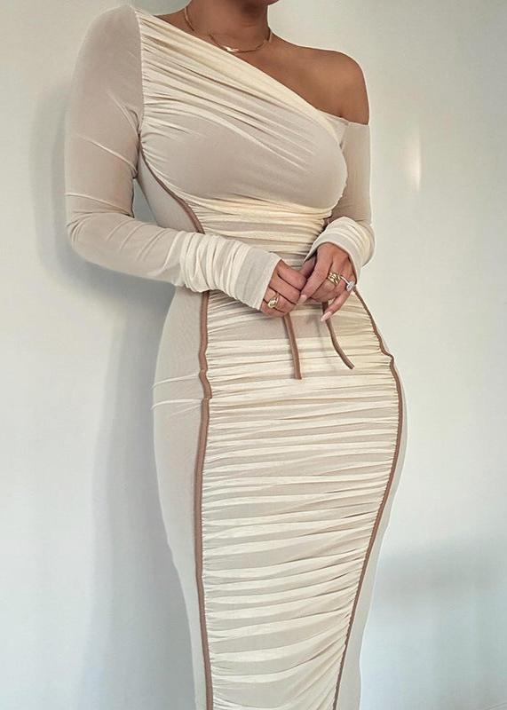 One Shoulder Long Sleeve Ruched Mesh Bodycon Midi Dress