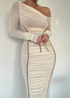 One Shoulder Long Sleeve Ruched Mesh Bodycon Midi Dress