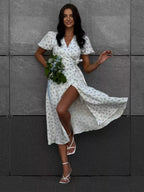 Pure Cotton Bandage Wrap-up Puff Sleeve Printed Comfort Maxi Dresses