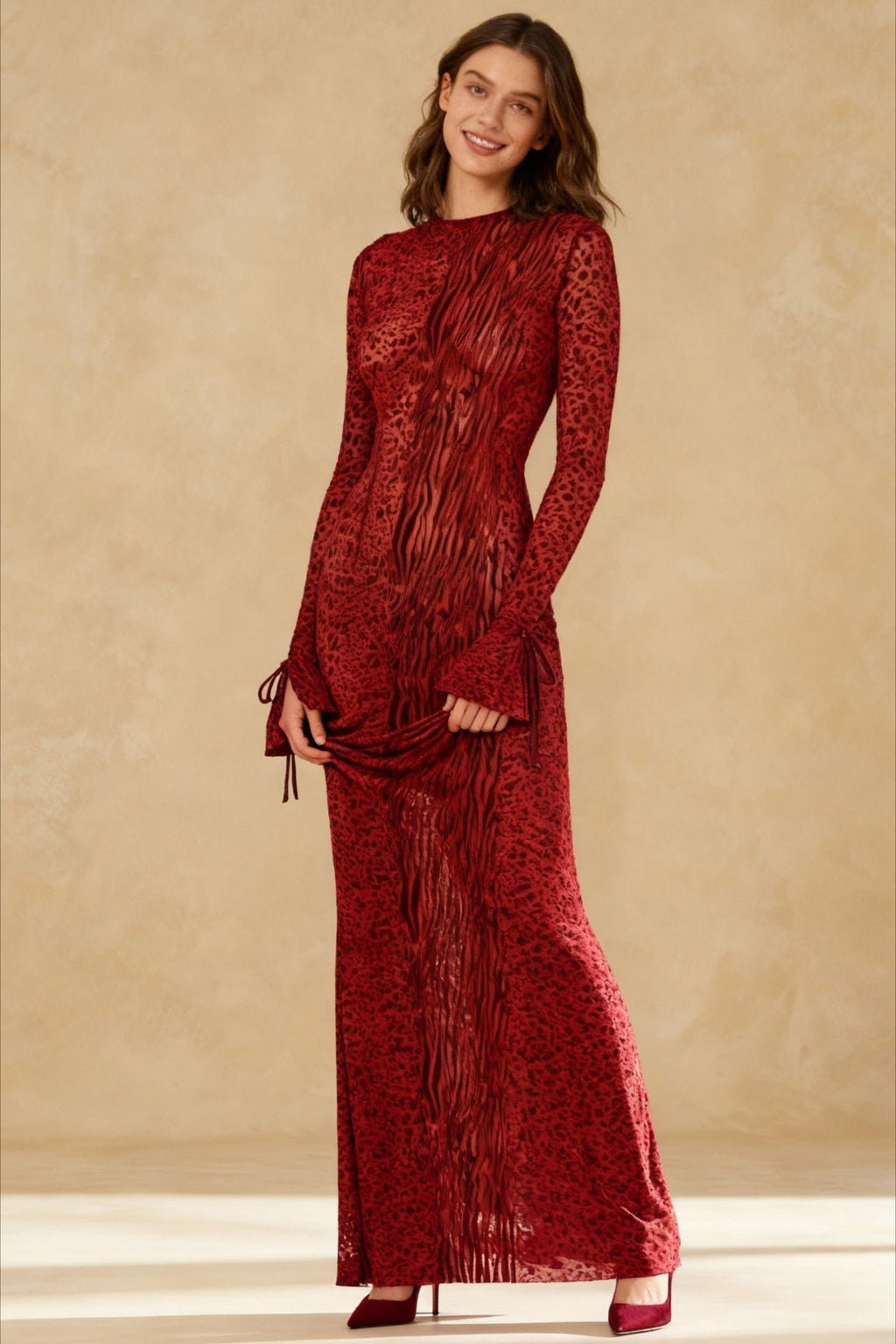Mesh Animal Print Lace Up Cuff Long Sleeve Mermaid Maxi Dress