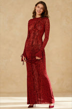 Mesh Animal Print Lace Up Cuff Long Sleeve Mermaid Maxi Dress