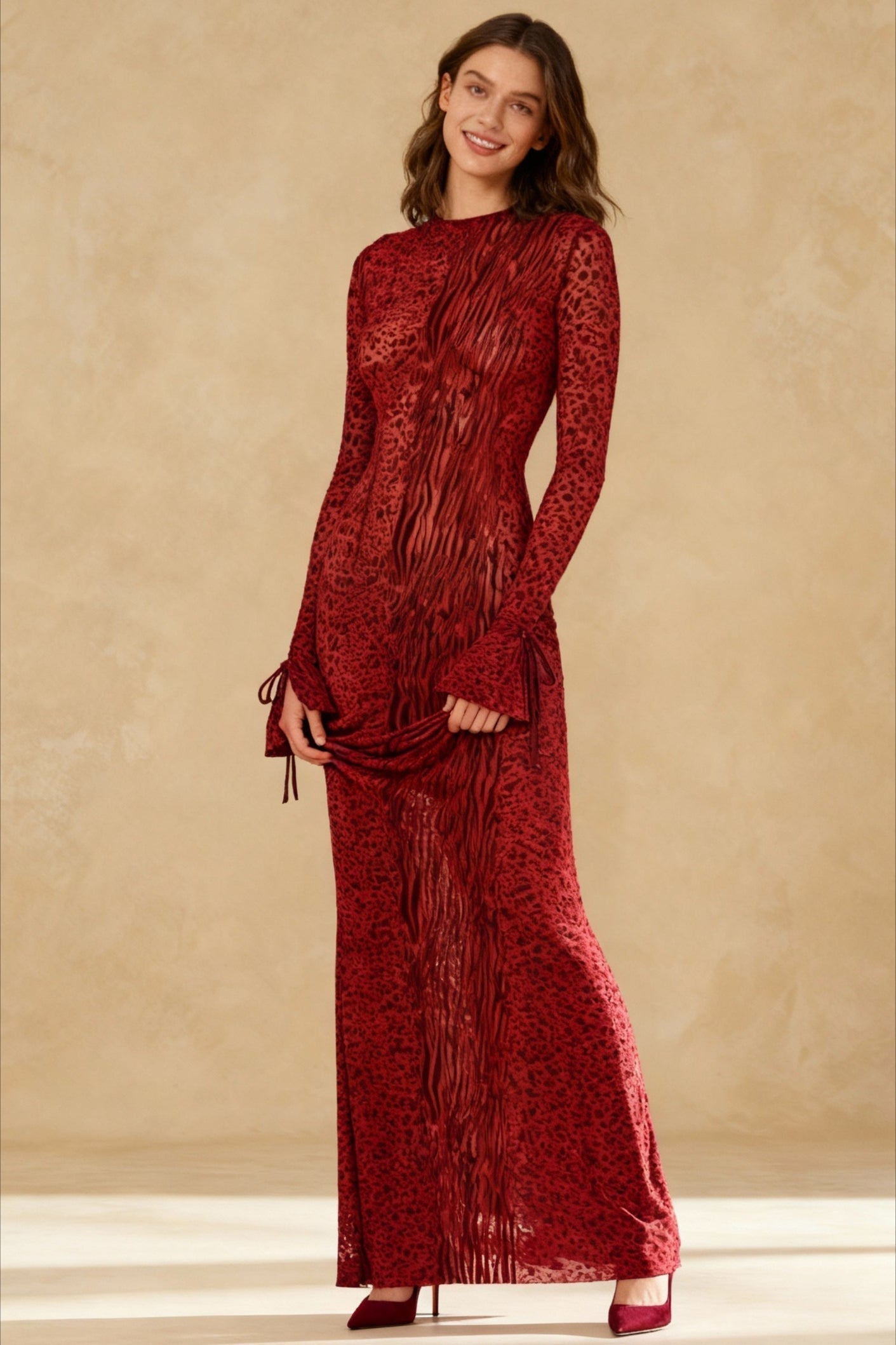 Mesh Animal Print Lace Up Cuff Long Sleeve Mermaid Maxi Dress