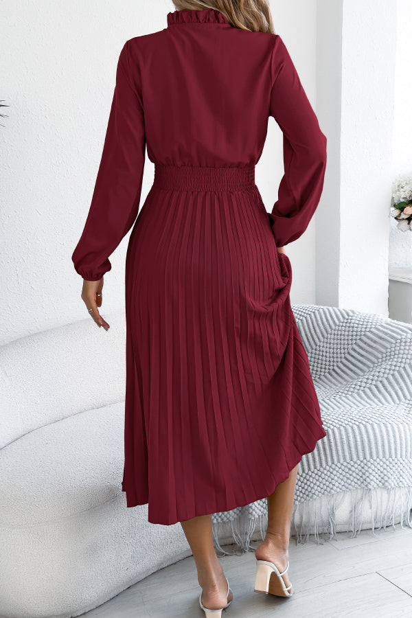 Solid Color Long-sleeved Fitted Waist Pleated Elegant Midi Dress