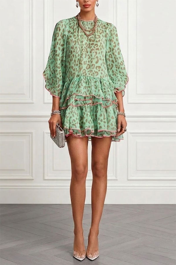 Amara Green Leopard Print Tiered Ruffle Mini Dress