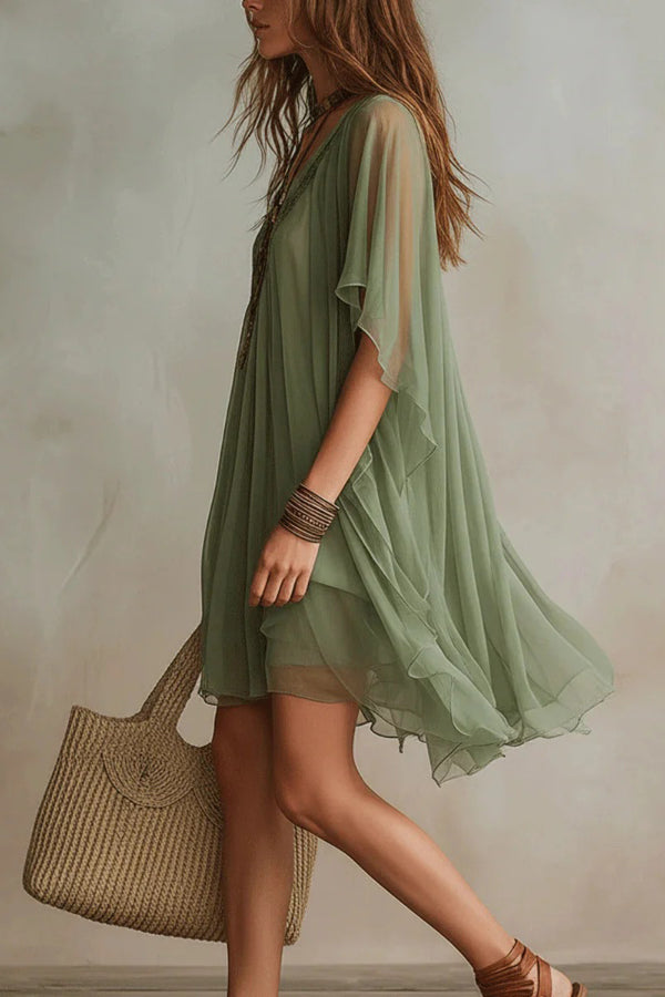 V-neck Chiffon Loose-fitting Cover-up Beach Dress