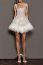Feather Sequin Strapless Party Dress