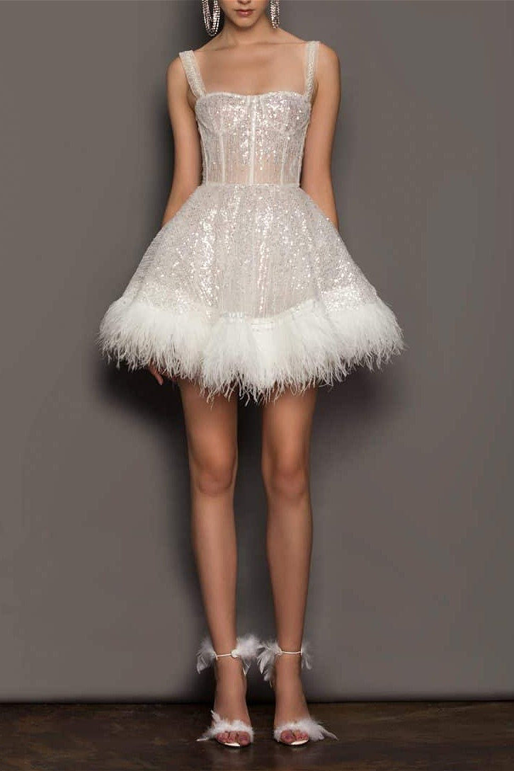 Feather Sequin Strapless Party Dress