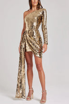 Sequin One Shoulder Long Sleeve Draped Wrap Mini Dress