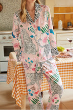 Pink Snow Leopard Printed Home Long Sleeve Two Piece Set