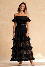 Lace Off Shoulder Ruffled Tiered Maxi Dress