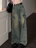 High Waist Multi Pocket Mopping Cargo Jeans