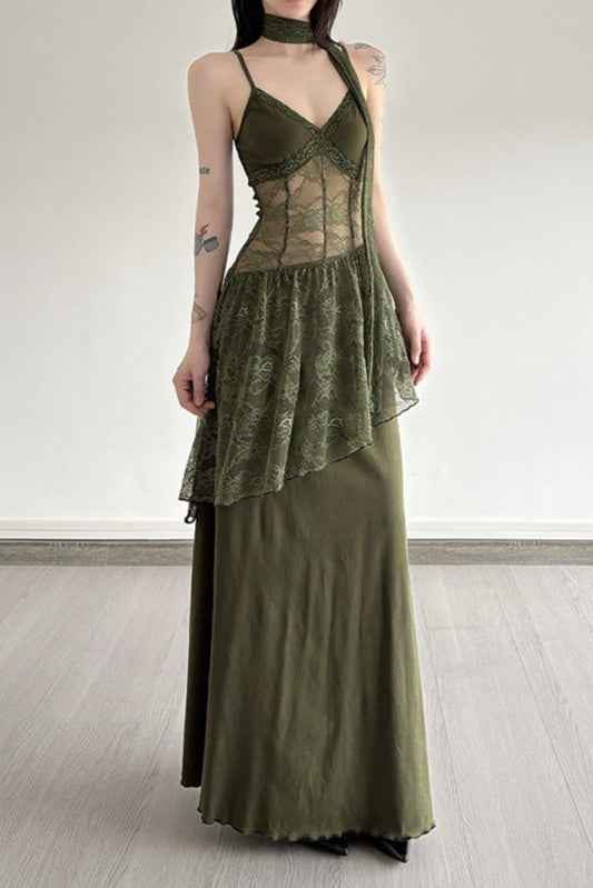Lace Panel Spaghetti Strap Waist Tie Asymmetric Overlay Maxi Dress