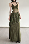 Lace Panel Spaghetti Strap Waist Tie Asymmetric Overlay Maxi Dress