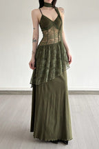 Lace Panel Spaghetti Strap Waist Tie Asymmetric Overlay Maxi Dress