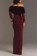 Red Fur Collar Off Shoulder Bodycon Dress