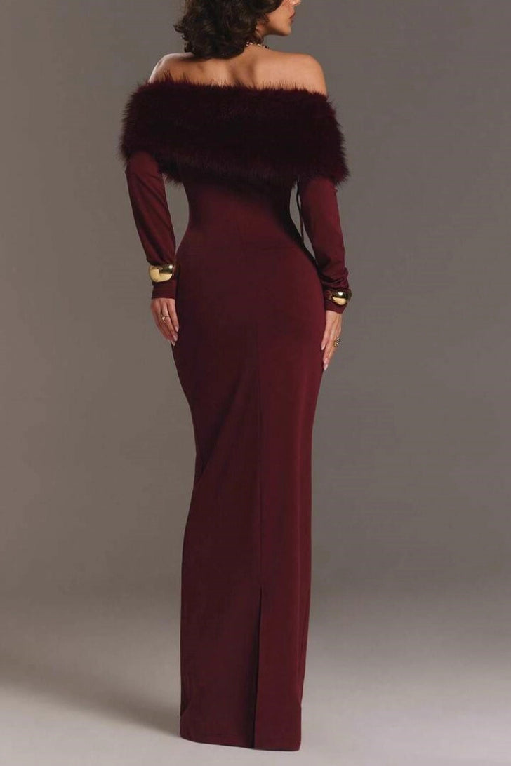 Red Fur Collar Off Shoulder Bodycon Dress