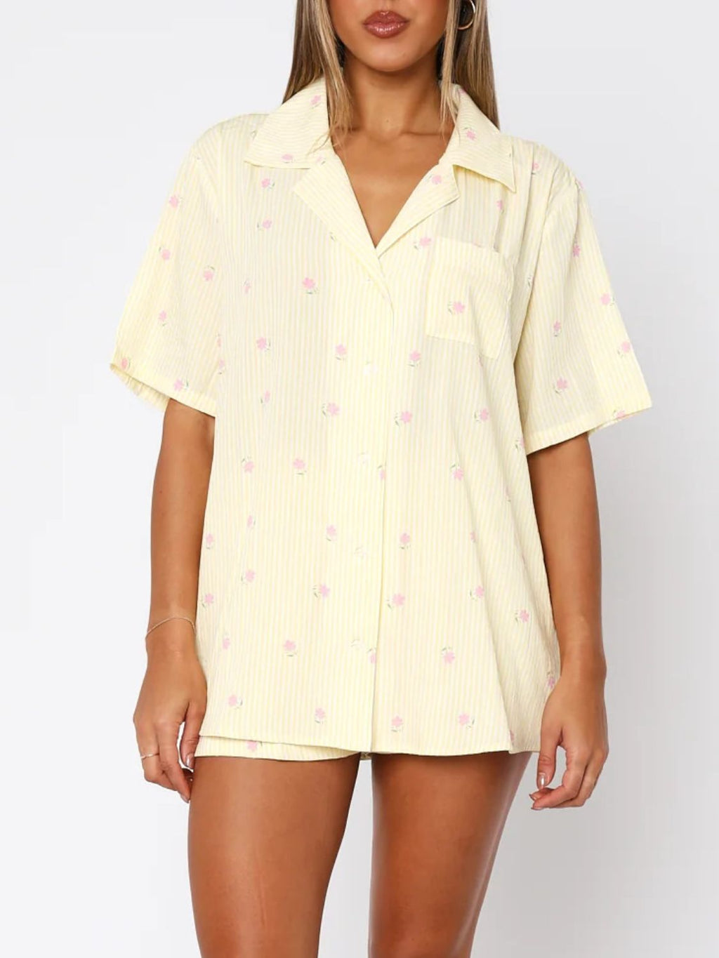 Blue Zone Planet | Valentine's Day Printed Collared Neck Short Sleeve Top And Shorts Set