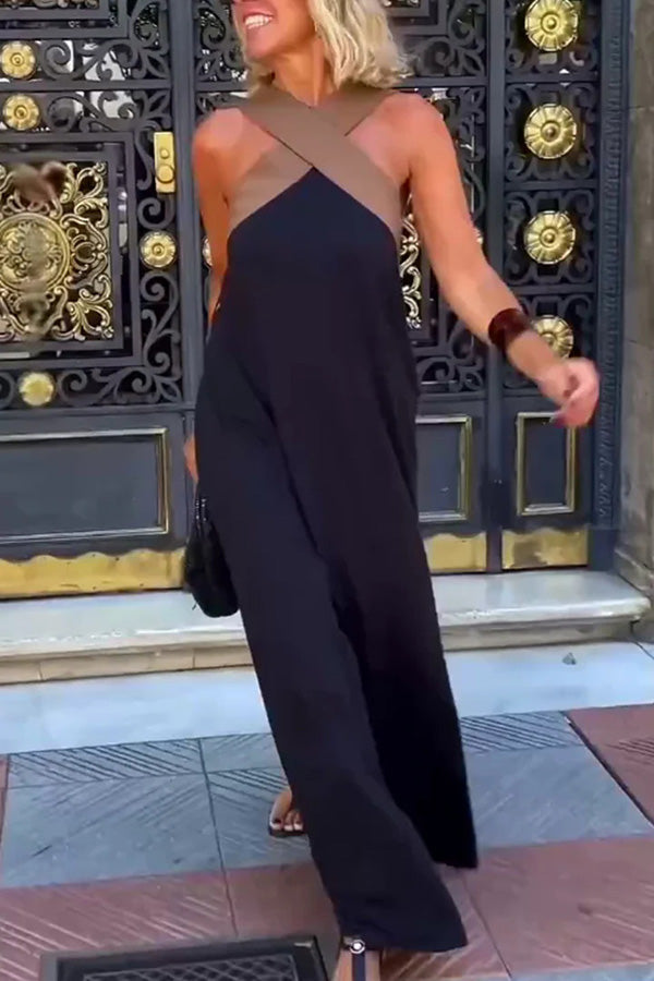 Halter Neck Mesh Illusion Panel Flowy Maxi Dress