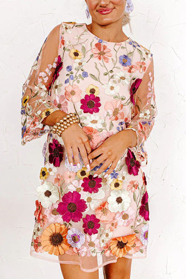 Floral Embroidered Mesh Bell Sleeve Crew Neck Shift Mini Dress