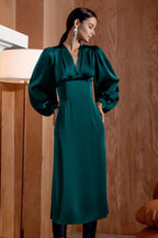 Satin Puff Sleeve Deep V Neck Pleated Bodice Mermaid Midi Dress