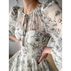 Keyhole Neck Puff Sleeve Botanical Toile Print Tiered Maxi Dress