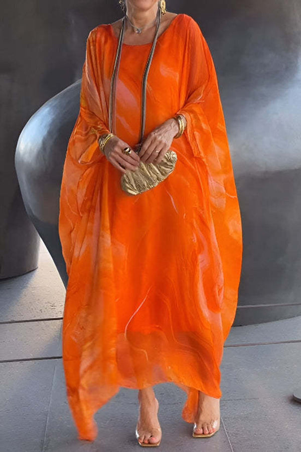 Marbled Print Crew Neck Batwing Sleeve Oversized Kaftan Maxi Dress