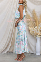 Floral Print Halter Neck Cowl Draped Elastic Waist Blouson Midi Dress