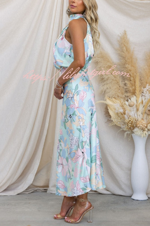 Floral Print Halter Neck Cowl Draped Elastic Waist Blouson Midi Dress