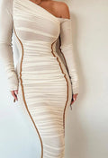 One Shoulder Ruched Mesh Contrast Piping Maxi Dress