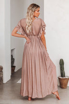 Deep V Neck Ruffle Sleeve Drawstring Waist Button Front Pocket Maxi Dress