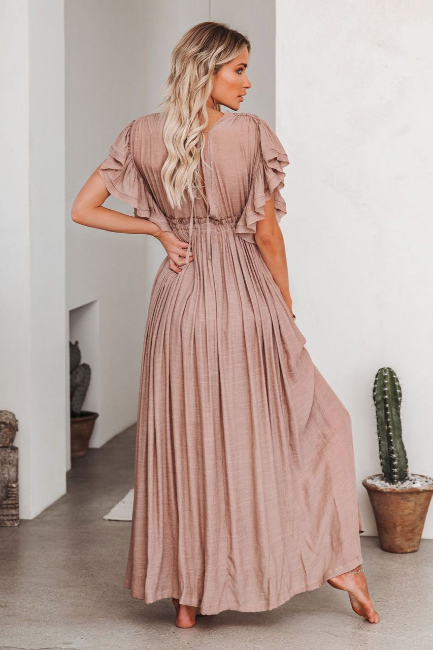 Deep V Neck Ruffle Sleeve Drawstring Waist Button Front Pocket Maxi Dress