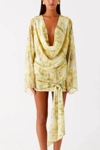 Tie-dye Print V-neck Long-sleeved Ribbon Vacation Mini Dress