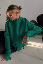 Edgy Distressed Crew Neck Solid Sweater