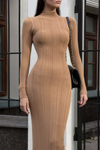 Elegant High Neck Striped Sweater Dress