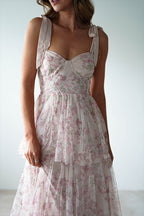 Pink Sweetheart Corset Bow Shoulder Strap Tiered Ruffle Maxi Dress