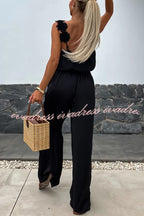Solid Color Embroidered Flower Suspenders Casual Loose Jumpsuit