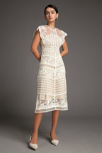 Floral Lace High Neck Flutter Sleeve Tiered Scallop Trim Midi Dress