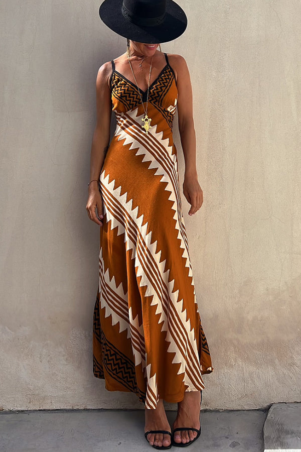 Geometric Print Spaghetti Strap V-Neck Smocked Back Midi Dress