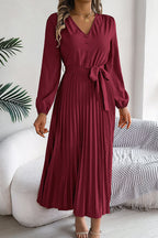 Deep V-Neck Bishop Sleeve Button Front Pleated Belted Midi Dress
