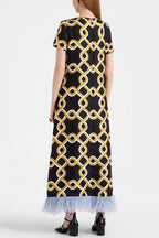 Annalisa Satin Court Style Contrast Color Printed Short Sleeve Pocket Feather Trim Maxi Dress