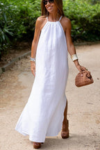 Linen Blend Halter Neck Gathered A-Line Maxi Dress